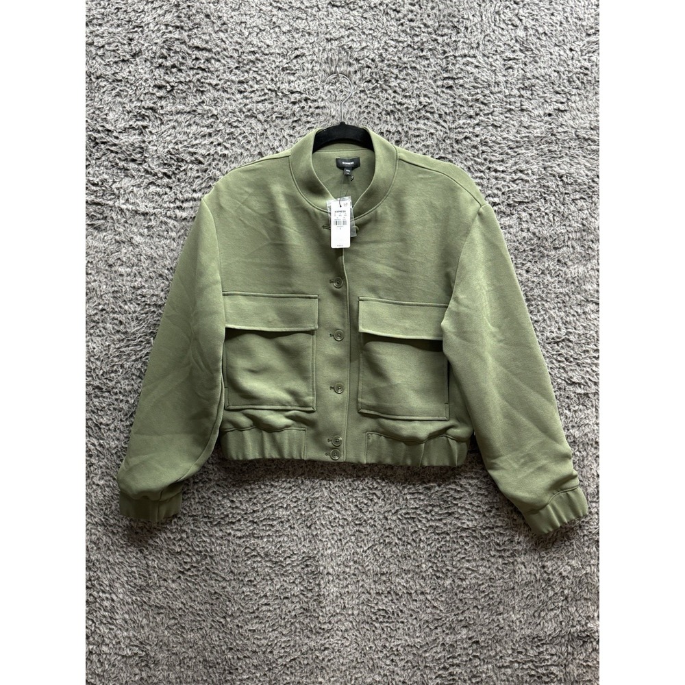 Express Women's S Front Patch Pockets Cropped Bomber Jacket Olive‎ Green NWD
